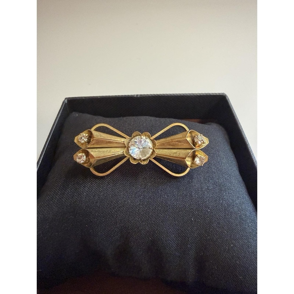 Vintage 1940's 1950's Sweetheart Bow Goldtone Coppertone Rhinestones Brooch Pin